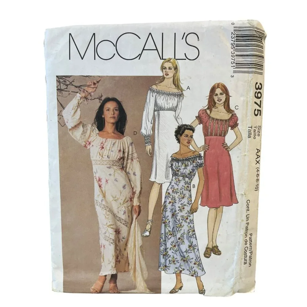 McCall's Sewing Pattern 3975 Misses Size 4-10 White‎ Peasant Dress Uncut FF